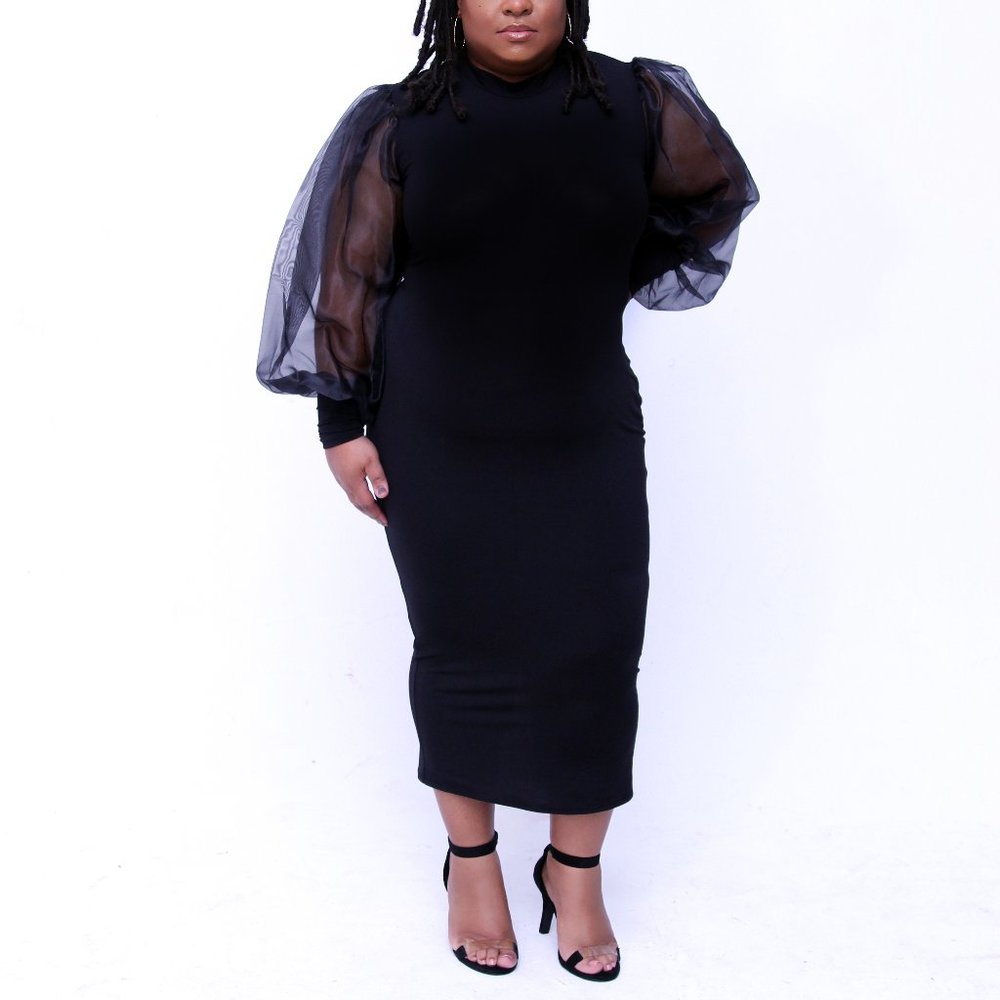 Sheer Sleeve Black Dress Plus Size
